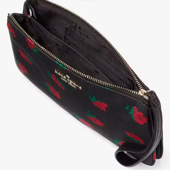 Kate Spade Chelsea Rose Toss Printed Medium Nylon Wristlet Pouch Black Multi